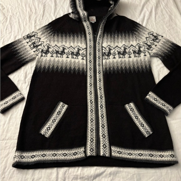 100% Alpaca Fair Isle Zip Front Hoodie Sweater Black White Gray Size M - Picture 14 of 14